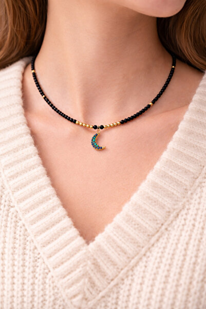 POYASE Black Stone Moon Figured Necklace with Gold Color Beads and Natural St...