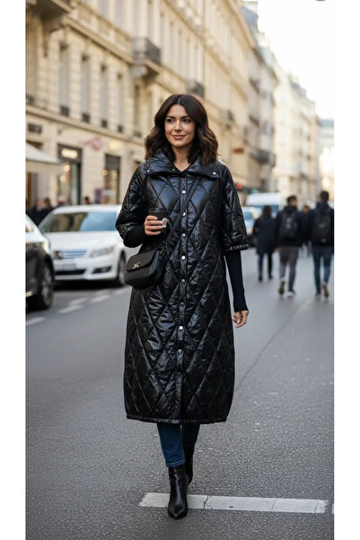 Invee Long Quilted Coat with Snap Closure - Black