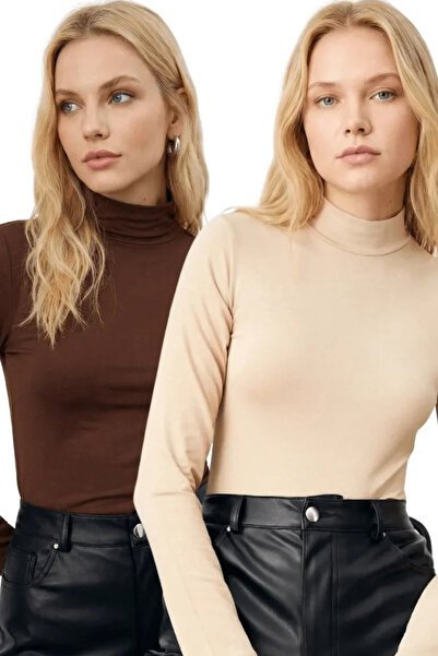 bysoca بلوزة نسائية باللون البني والبيج بياقة نصفية وأكمام طويلة من القطن الم...