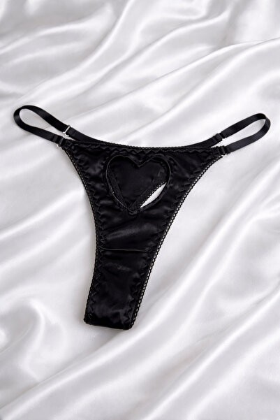 Velvet noir Siyah Saten Kalp Detaylı Ayarlanabilir İpli Fantezi String Külot