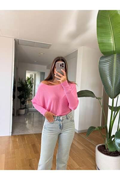 MERVE AKSOY Kayık Yaka Kol Detaylı Triko Bluz - Pembe