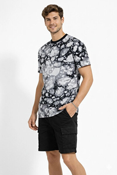 LUMİART Men's Black Gray Stone Patterned T-Shirt – Regular Fit, Crew Neck, Di...