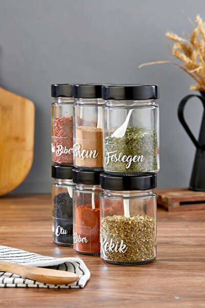 MODA OZY Set of 6 350 ml Black Metal Lid Spice Storage Containers Glass Jars ...