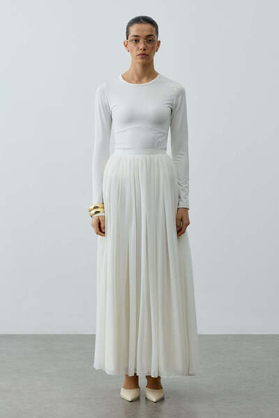 Fahhar Büzgülü Dökümlü Maxi Etek Ekru