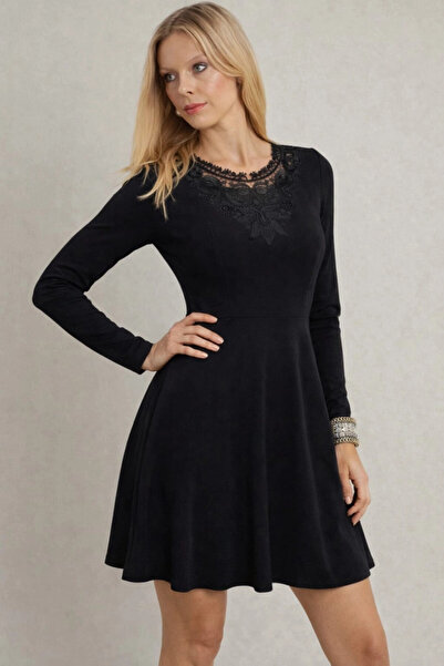 Cool & Sexy Collar Guipure Detail Dress Black