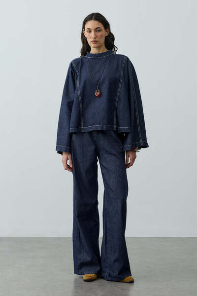 Fahhar Geniş Kollu Denim Üst Lacivert