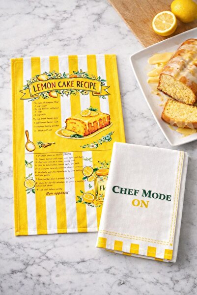 Lasviah Lemon Cake Patterned Yellow Kitchen Towel & Drying Cloth Double Set 3...