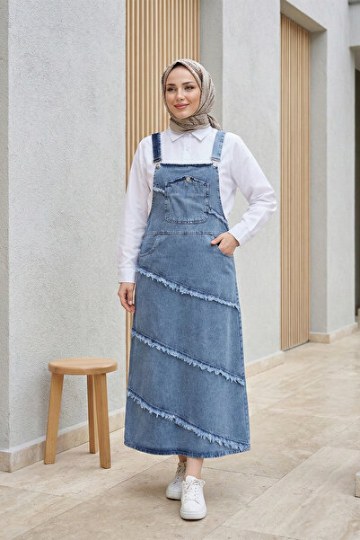 FERHEL Long Denim Slopet with Pockets and Side Buttons, Crossed Tassel Detail...