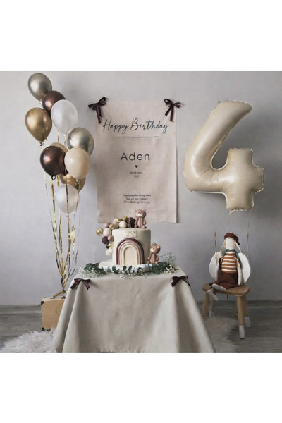 Çemrek Süs Parti Bej Krem Kahve Gümüş Gold Balon Demeti Seti Rakam Folyo Balo...