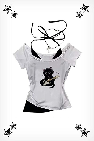 İsra Ayyıldız Moonstar Collection Beyaz Guitar Cat Madonna Yaka Y2K Ek Askılı...