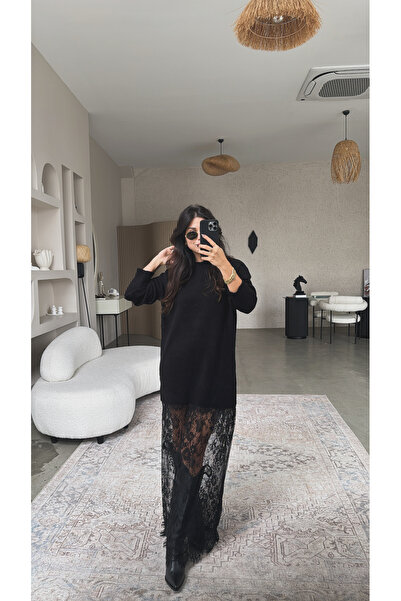 Buket Teke Черна плетена дантелена рокля макси