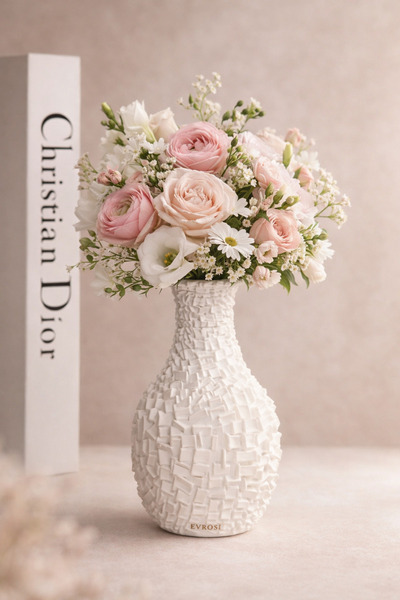 EVROSİ Küp Detaylı El Yapımı Kuru Bitki Vazosu 20cm (Bitkiler Ürüne Dahil Değ...