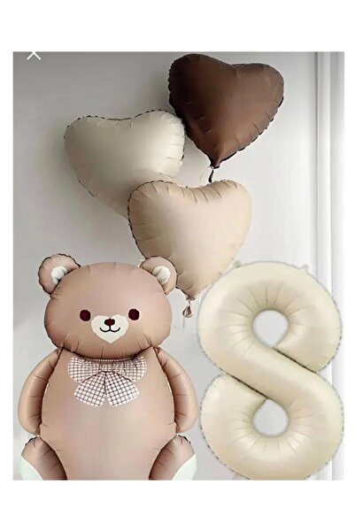 Çemrek Süs Parti Brown Bear Balloon Age and Heart Balloon Set 5 Pieces