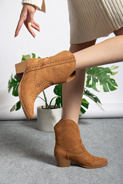 M Miss dark moda Western Vegan Süet İnce Burun Kovboy Topuklu Kadın Bot