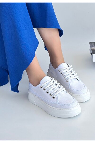 M&B COLLECT Carin White Linen Lace-Up Sneakers