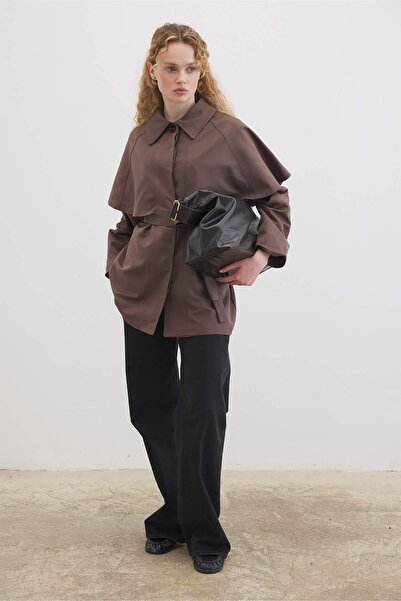 Hooopstore Cape Detailed Chocolate Trench Coat