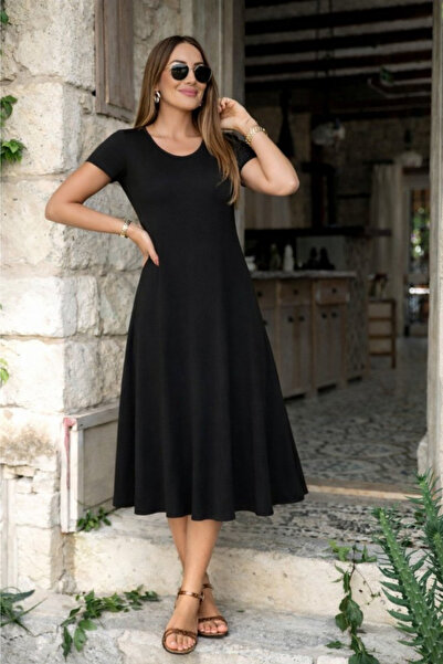 Modayakamoz New Season Women's Short Sleeve V-Neck Slit Midi Viscose Dress