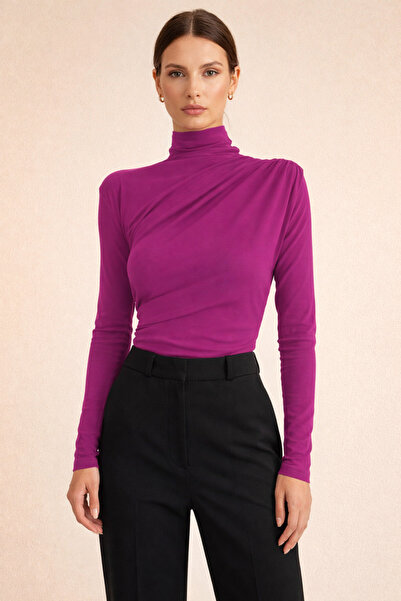 Kirazgym Women's Draped High-Neck Long-Sleeve Stretch Fabric Blouse - Fuchsia