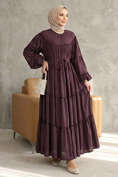 FERHEL Elasticized Sleeves, Tieable Waist, Layered Ruffle Detail Long Dress -...