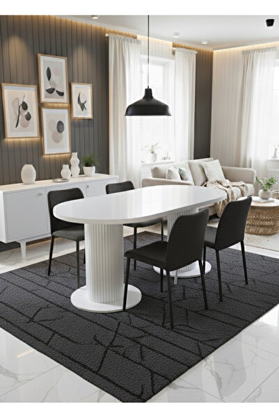 OlcayAksesuar Oslo 180x90x74cm (36MM KALIN KENARLI) Oval Beyaz Sütunlu Mutfak...