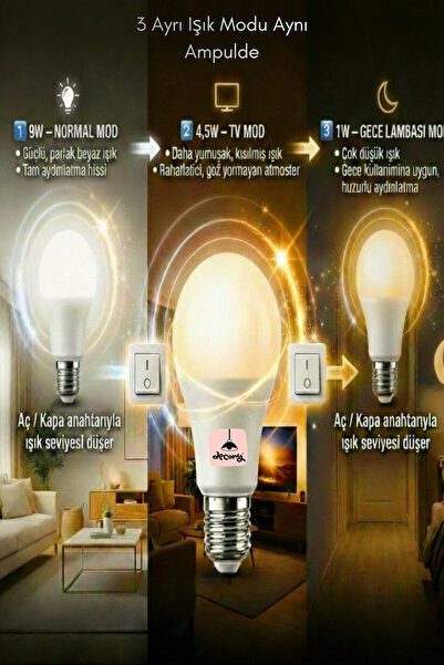 decory 3 Kademeli Beyaz LED Ampul E27 Duy - 9W / 4.5W / 1W Ayarlanabilir Işık...