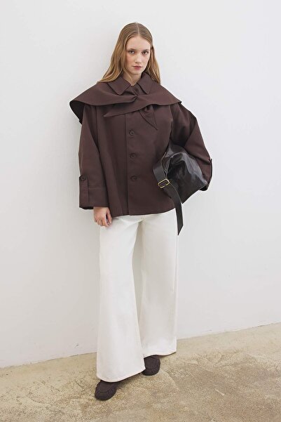 Hooopstore Bitter Brown Trench Coat with Shawl Collar Detail