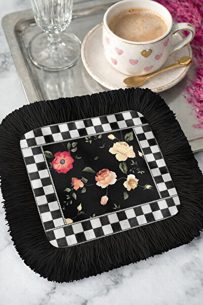 Evimde Bambaşka Black Plaid Floral Fringed Presentation Napkin - Vintage Bohe...