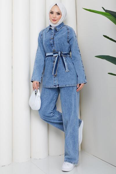hafsamina Belted Buttoned Trousers Denim Suit Hm2876 Light Blue