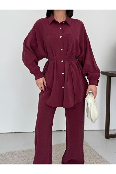 sportiness Soft Textured Buttoned Shirt and Trousers Set with Tie Detail