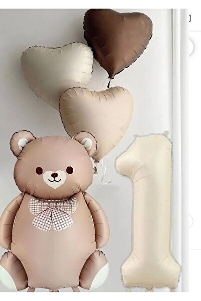 Çemrek Süs Parti Brown Bear Balloon Age and Heart Balloon Set 5 Pieces