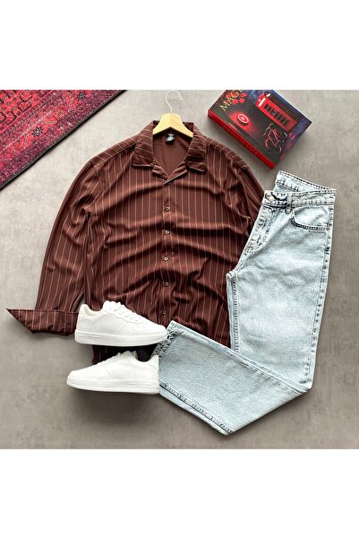 THANBUTİK Crepe Fabric Striped Shirt and Baggy Pants Set