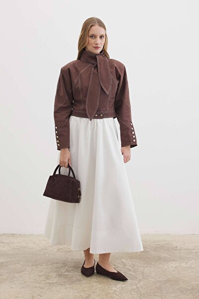 Hooopstore Short Brown Jacket with Scarf Tie