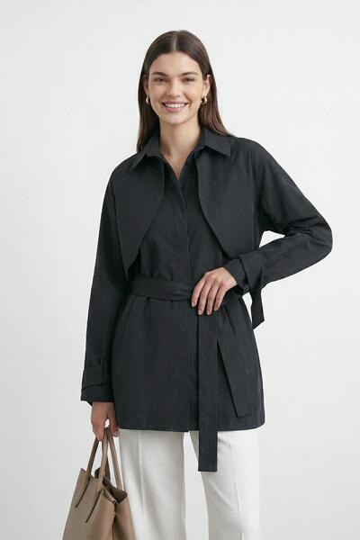 Loreen Women's Shirt with Collar, Cape, and Belted Tunic - 20759Gml - Black