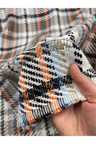 ELNA KUMAŞ Ekose Tüvit Kumaş Bej Siyah Turuncu Mavi Desenli Kalın Dokulu Ceke...