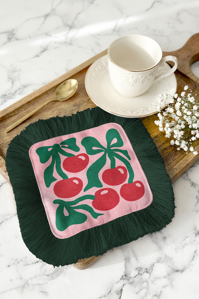 Evimde Bambaşka Șervețel de prezentare cu franjuri și motiv retro cireș - Șer...