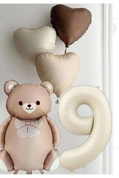 Çemrek Süs Parti Brown Bear Balloon Age and Heart Balloon Set 5 Pieces