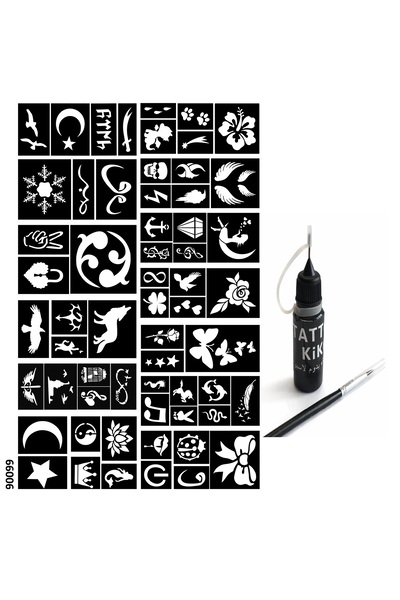 Airbrush Tattoo Kalem Uçlu Geçici Dövme Boyası Şablon ve Fırça Hediyeli Set 1
