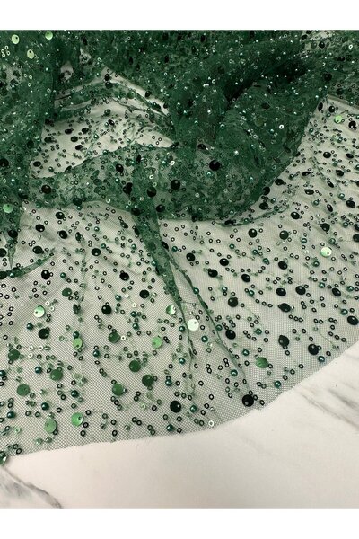 LE FANTASİA قماش فستان سهرة مطرز بالترتر الأخضر - 125×85 سم