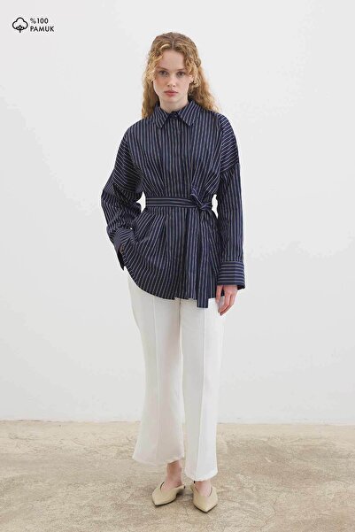 Hooopstore Pleated Poplin Navy Blue Shirt