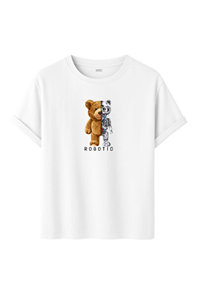 DK DAKSEL Tricou unisex din bumbac 100% cu imprimeu robotizat cu ursuleț de p...