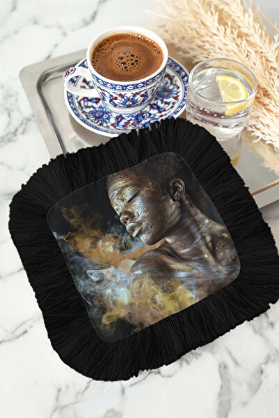 Evimde Bambaşka منديل تقديم فني مزين بالشراشيب اللامعة - منديل أسود بوهيمي بل...