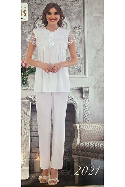 PİJAMİS Stretchy Fabric Lace Detailed Short Sleeve Women's Pajama Set