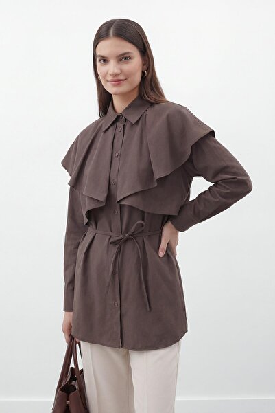 Loreen Women's Shirt with Collar, Cape Detail, and Lace-Up - 20758Gml - Brown