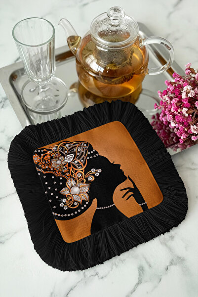 Evimde Bambaşka منديل تقديم أنيق مطرز بالكريستال مع أطراف مزخرفة - منديل أسود...