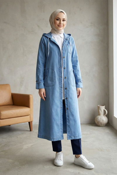 FERHEL Women's Hooded Denim Cap with Buttons and Pockets, Blue