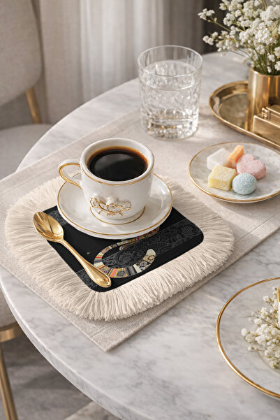 Evimde Bambaşka Μποέμ Πατσγουόρκ με σχέδιο γάτας και κρόσσια - Μαύρο φόντο με...