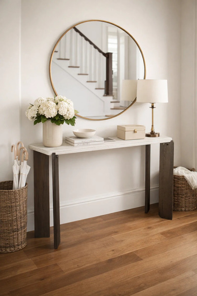 MARIA HOMES طاولة كونسول خشبية عصرية بلون كريمي مع أرجل داكنة، قطعة أثاث أنيق...