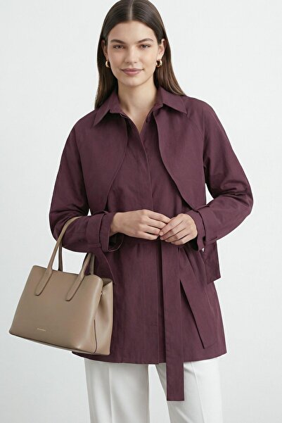 Loreen Women's Shirt with Collar, Cape, and Belted Tunic - 20759Gml - Burgundy