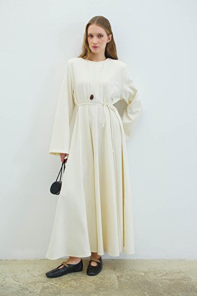 Hooopstore A-Line Cut Waist Detail Cream Dress