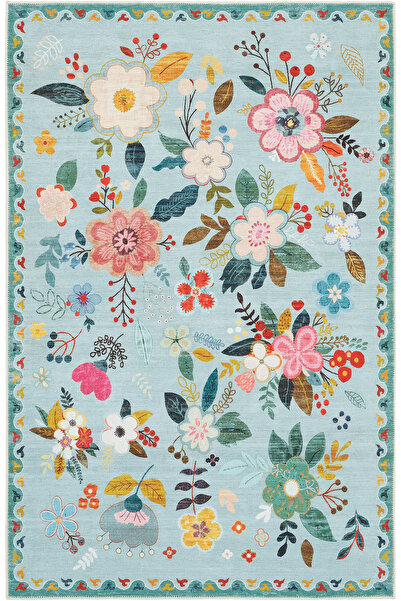 Cool Halı Daisy Mavi Çok Renkli Bohem Çiçek Desenli Şönil Makinada Yıkanan Ev...